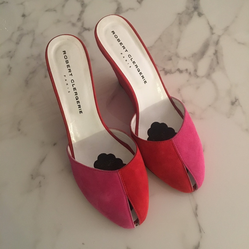 Robert Clergerie Pink Red Suede Peeptoe Wedge Mule - Picture 7 of 8